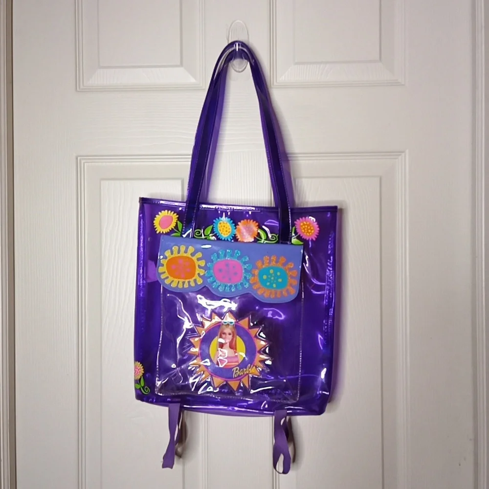 Vintage Barbie Beach Bag Tote Purple Vinyl Y2K 90's Throwback w/Towel Straps